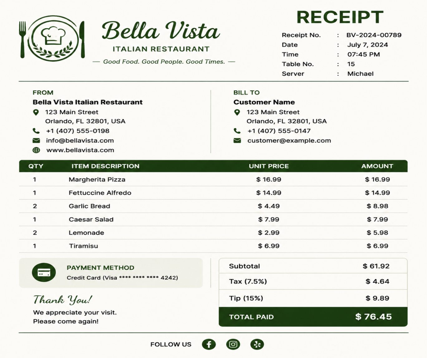 Restaurant Receipt